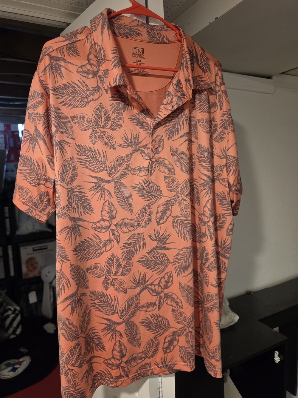 Rm Refined Polo Men's XXL Orange Floral Leaf Print Short Sleeve Stretch